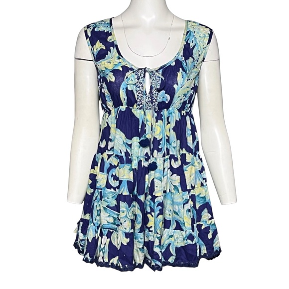 Antica Santoria by Giacamo Cinque Blue Cotton Ruffle Beaded Mini Dress One Size - Picture 1 of 9